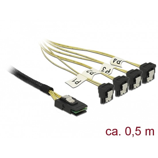 Delock Kábel Mini SAS SFF-8087 >4 x SATA 7 érintkezős hüvely 90 fokban ívelt 0,5 m (85686)
