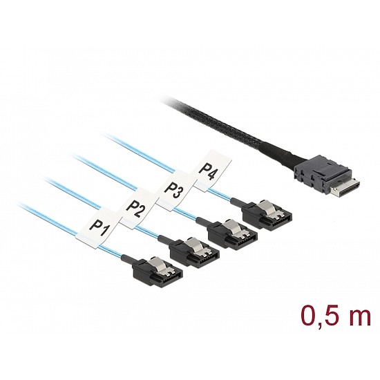 Delock Kábel OCuLink SFF-8611 > 4 x 7 tűs SATA 0,5 m fém (85468)