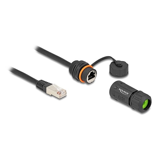 Delock Kábel RJ45 apa - RJ45 anya Cat.6A beépített használatra M20 cérnával és házzal IP68 por és vízhatlan 25 cm, fekete színű