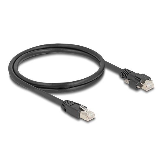 Delock Kábel RJ45 apa - RJ45 apa csavarokkal 20 mm GigE kamerához Cat.6A S/FTP 1 m fekete