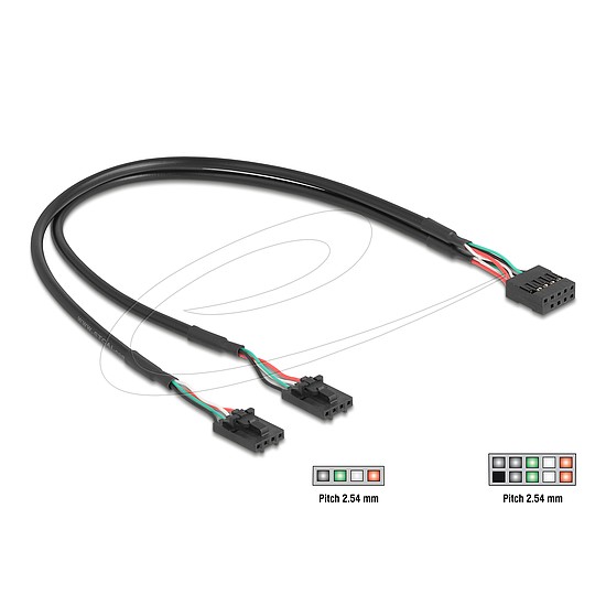 Delock Kábel USB 2.0-s csatlakozóhüvellyel, 2,54 mm, 10 tű a 2 x USB 2.0-s csatlakozóhüvellyel, 2,54 mm, 4 tű, 30 cm
