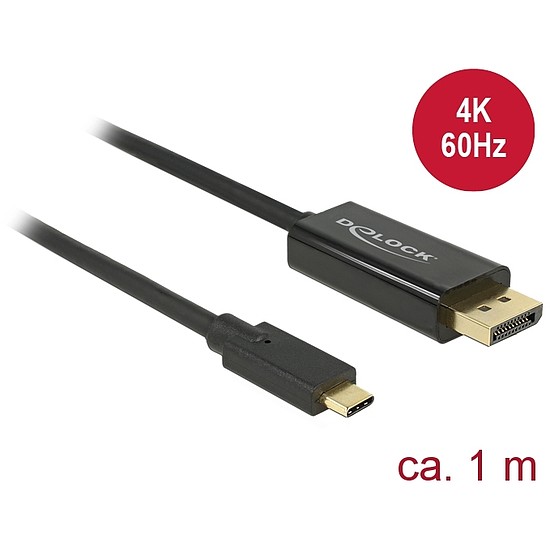 Delock Kábel USB Type-C csatlakozó > Displayport csatlakozó (DP váltakozó mód) 4K 60 Hz, 1 m, fekete (85255)