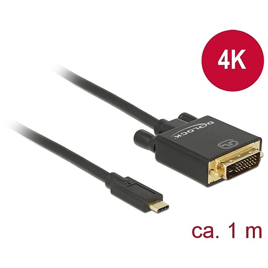 Delock Kábel USB Type-C csatlakozó > DVI 24+1 csatlakozó (DP váltakozó mód) 4K 30 Hz, 1 m, fekete (85320)