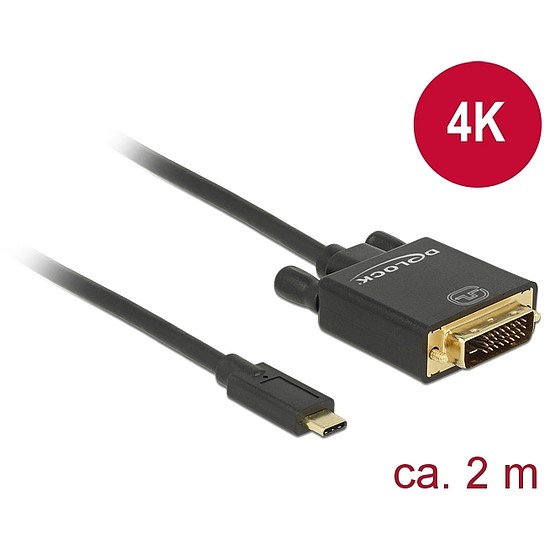 Delock Kábel USB Type-C csatlakozó > DVI 24+1 csatlakozó (DP váltakozó mód) 4K 30 Hz, 2 m, fekete (85321)