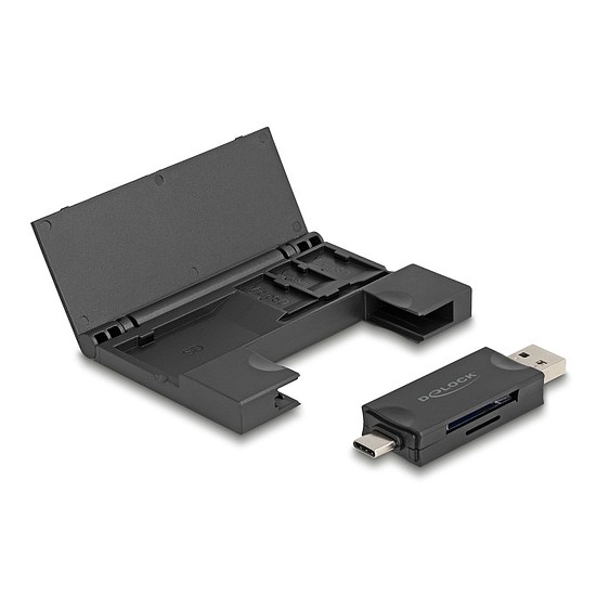 Delock Kártyaolvasó USB 5 Gbps USB Type-C / A-típusú SD és Mikro SD memóriakártyákhoz praktikus memória kártyatokkal - fekete