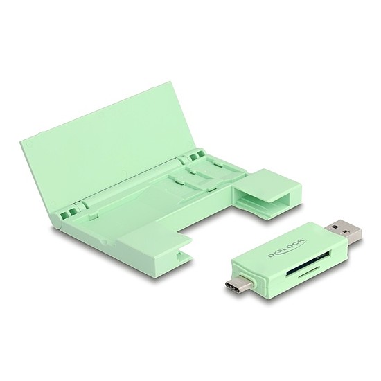 Delock Kártyaolvasó USB 5 Gbps USB Type-C / A-típusú SD és Mikro SD memóriakártyákhoz praktikus memória kártyatokkal - mentazöld