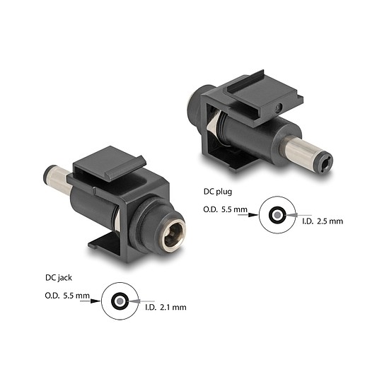 Delock Keystone modul, DC 5,5 x 2,1 mm-csatlakozóhüvely, DC 5,5 x 2,5 mm méretű apa, fekete