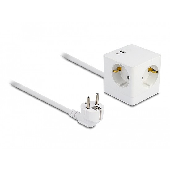 Delock Kibővítő csatlakozó kocka 3 irányú gyerekzárral és USB PD 3.0 töltővel 20 W, 1,5 m hosszú kábellel, fehér színű