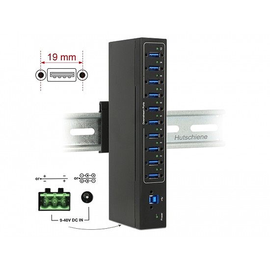 Delock Külso ipari hub 10 x USB 3.0 A-típusú 20 kV ESD védelemmel (63919)