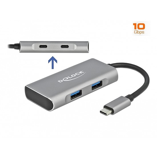 Delock Külső USB 3.2 Gen 2 USB Type-C hub 2 A-típusú és 2 USB Type-C csatlakozó felülettel (63260)