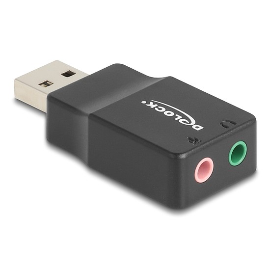 Delock Külső USB hangkártya 2 x 3,5 mm-es sztereo jack Plug & Play audio adapterrel személyi számítógépekhez, laptopokhoz és Mac rendszerekhez fekete