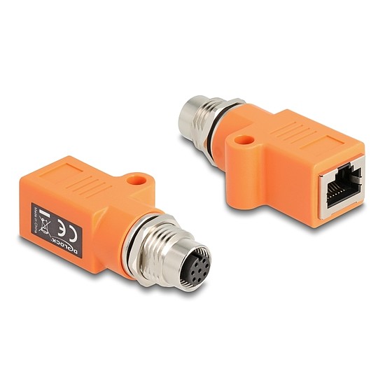 Delock M12 A-kódolt adapter 8 tűs anya - RJ45 anya Cat.5e beszerelő mélyedéssel, egyenes, narancssárga színű