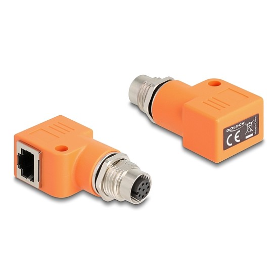 Delock M12 A-kódolt adapter 8 tűs anya - RJ45 anya Cat.5e beszerelő mélyedéssel, 90 -ban hajlított, narancssárga színű