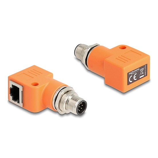 Delock M12 A-kódolt adapter 8 tűs apa - RJ45 anya Cat.5e beszerelő mélyedéssel, 90 -ban hajlított, narancssárga színű