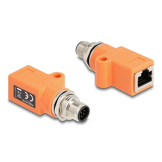 Delock M12 A-kódolt adapter 8 tűs apa - RJ45 anya Cat.5e beszerelő mélyedéssel egyenes, narancssárga színű