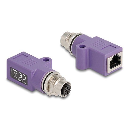 Delock M12 D-kódolt adapter 4 tűs anya - RJ45 anya Cat.5e beszerelő mélyedéssel, egyenes, lila színű