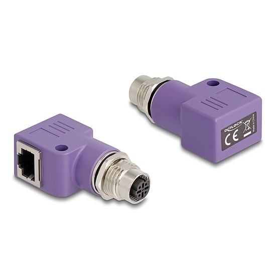 Delock M12 D-kódolt adapter 4 tűs anya - RJ45 anya Cat.5e beszerelő mélyedéssel, 90 -ban hajlított, ibolya színű