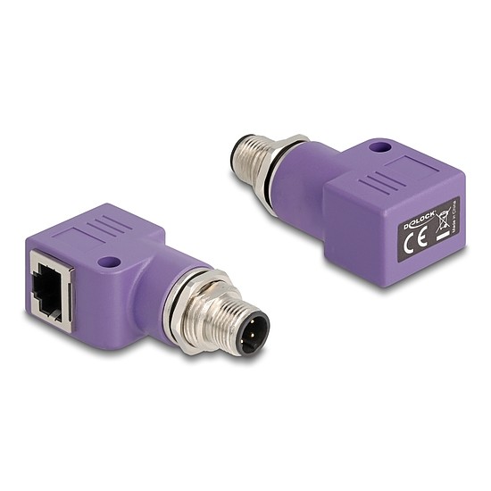 Delock M12 D-kódolt adapter 4 tűs apa - RJ45 anya Cat.5e beszerelő mélyedéssel, 90 -ban hajlított, ibolya színű