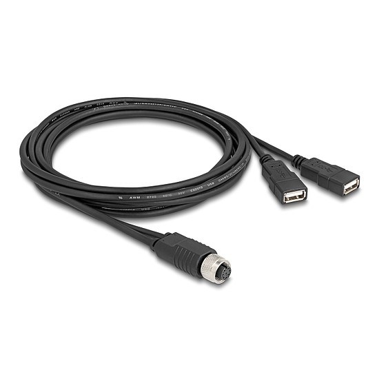 Delock M12 kábel A-kódú, 8 tűs anya- 2 x USB 2.0 A-típusú anya 2 m fekete