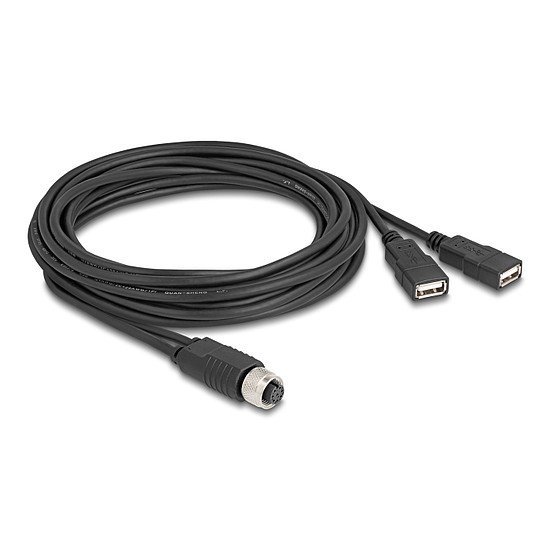 Delock M12 kábel A-kódú, 8 tűs anya- 2 x USB 2.0 A-típusú anya 3 m fekete