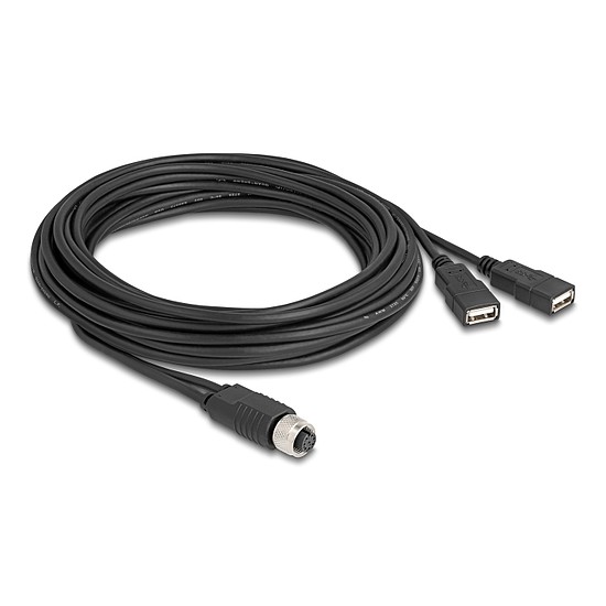 Delock M12 kábel A-kódú, 8 tűs anya- 2 x USB 2.0 A-típusú anya 5 m fekete
