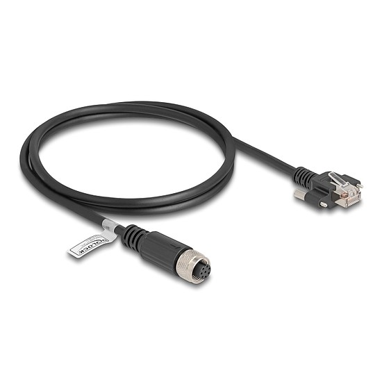 Delock M12 kábel A-kódú 8 tűs anya - RJ45 apa csavarokkal Cat.5e FTP 1 m hosszú fekete