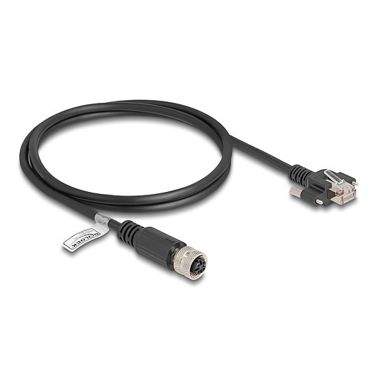 Delock M12 kábel D-kódú 4 tűs anya - RJ45 apa csavarokkal Cat.5e FTP 1 m hosszú fekete