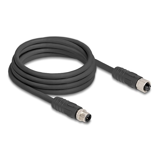 Delock M12 kábel L-kódolt 4 tűs apa - anya PUR húzóláncokhoz alkalmas 3 m fekete