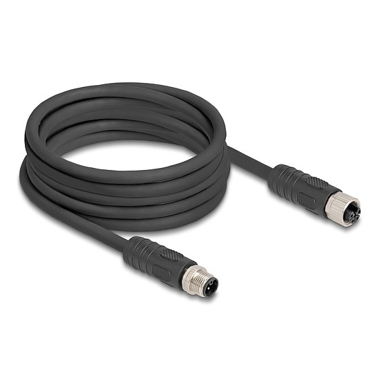 Delock M12 kábel L-kódolt 4 tűs apa - anya PUR húzóláncokhoz alkalmas 5 m fekete