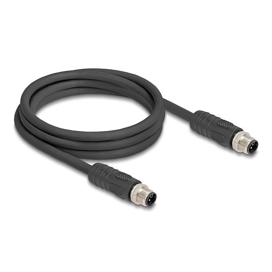 Delock M12 kábel L-kódolt 4 tűs apa - apa PUR húzóláncokhoz alkalmas 2 m fekete