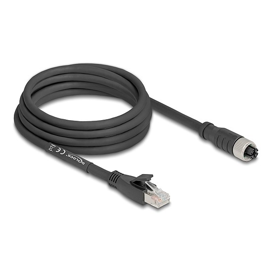 Delock M12 kábel X-kódolt 8 tűs apa - RJ45 anya Cat.5e S/FTP flexibilis 3 m fekete