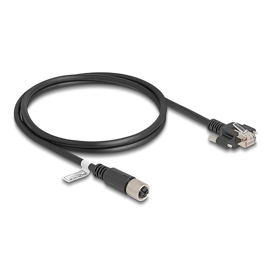 Delock M12 kábel X-kódú 8 tűs anya - RJ45 apa csavarokkal Cat.6A S/FTP 1 m hosszú fekete