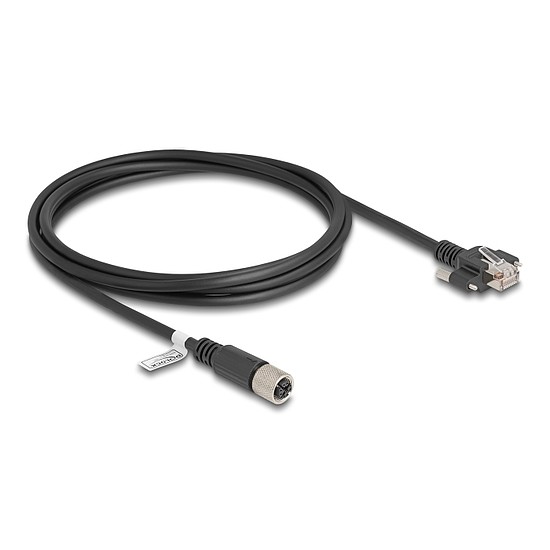 Delock M12 kábel X-kódú 8 tűs anya - RJ45 apa csavarokkal Cat.6A S/FTP 2 m hosszú fekete
