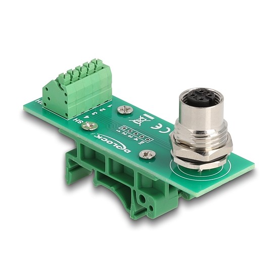 Delock M12 transzfer modul adapter 4 tűs A-kódú anya - 5 tűs sorkapocs DIN sínhez