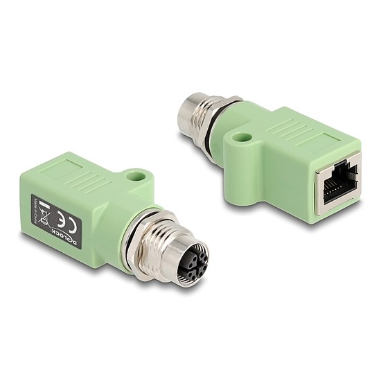 Delock M12 X-kódolt adapter 8 tűs anya - RJ45 anya Cat.5e beszerelő mélyedéssel, egyenes, zöld színű