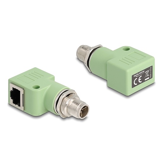 Delock M12 X-kódolt adapter 8 tűs apa - RJ45 anya Cat.5e beszerelő mélyedéssel, 90 -ban hajlított, zöld színű