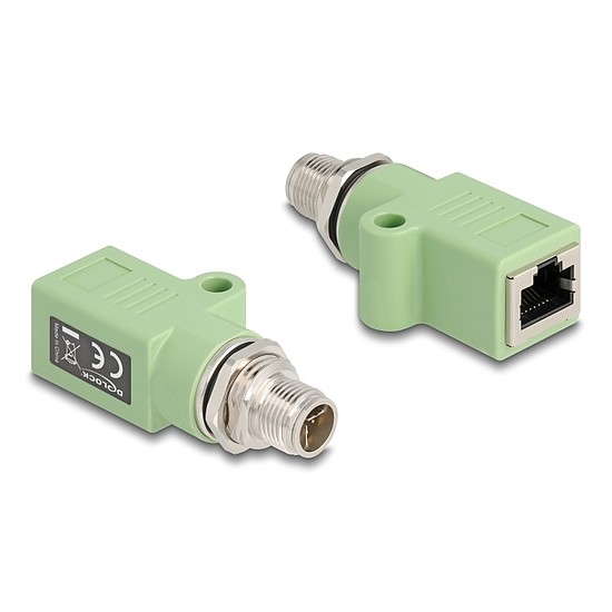 Delock M12 X-kódolt adapter 8 tűs apa - RJ45 anya Cat.5e beszerelő mélyedéssel egyenes, zöld színű