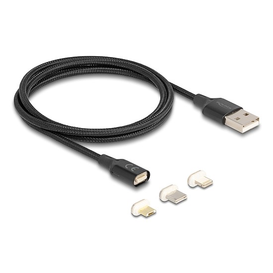 Delock Mágneses USB töltő készlet 8 tűs Lightning / Micro USB / USB Type-C csatlakozókkal, fekete 1 m