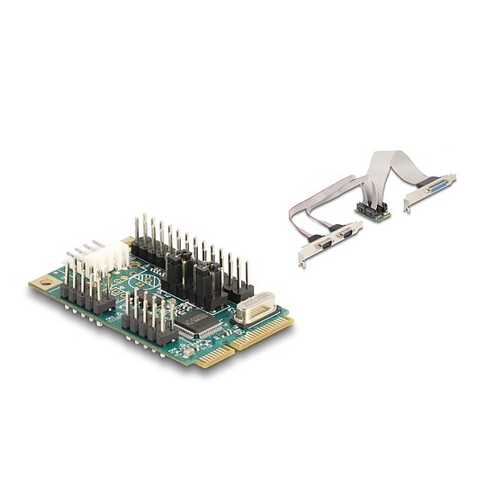 Delock Mini PCIe I/O PCIe teljes méretű 1 x párhuzamos, 2 x soros RS-232 tápfeszültséggel 5 V / 12 V