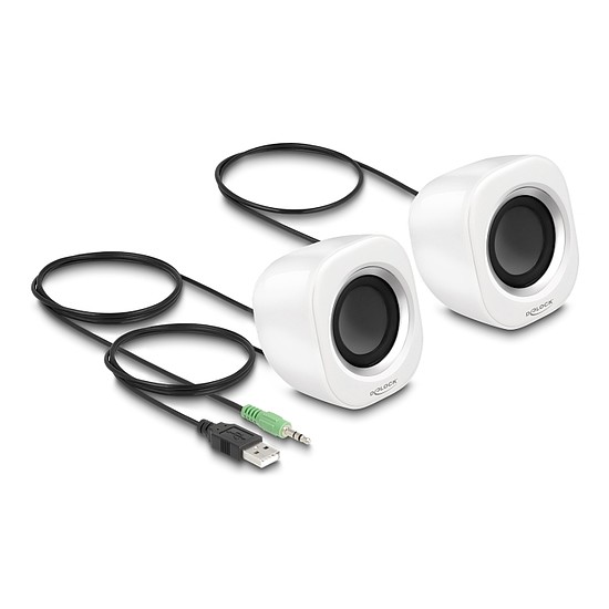 Delock Mini Sztereó személyi számítógép hangfal 3,5 mm sztereó jack apával és USB töltéssel fehér