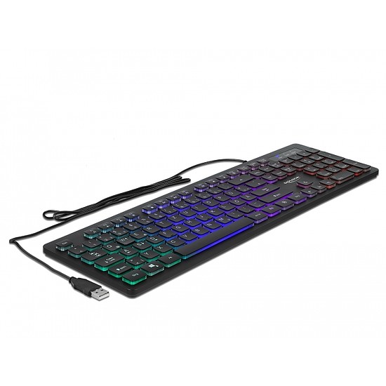 Delock NÉMET USB csatlakozós, 1,5 m hosszú vezetékes klaviatúra RGB megvilágítással (12625)