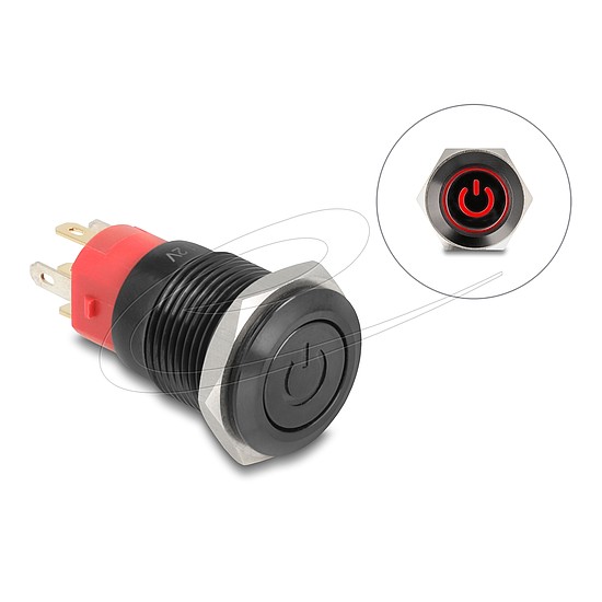 Delock Nyomó gomb beszereléshez fekete 16 mm 12 V 5 x forrasztási csatlakozás LED piros bekapcsolás szimbólum + gyűrű