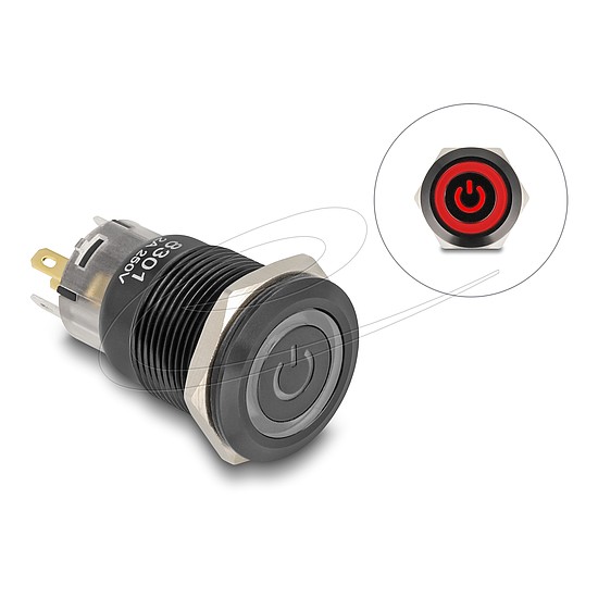 Delock Nyomó gomb beszereléshez fekete 19 mm 12 V 5 x forrasztási csatlakozás LED piros bekapcsolás szimbólum + gyűrű