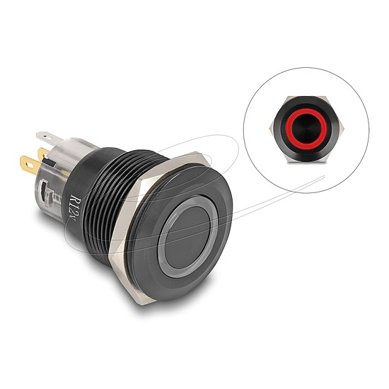 Delock Nyomó gomb beszereléshez fekete 22 mm 12 V 5 x forrasztási csatlakozás LED piros gyűrű