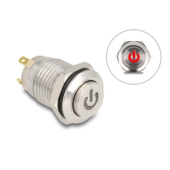 Delock Nyomógomb beszereléshez 12 mm 4 x forrasztási csatlakozó LED piros bekapcsolási szimbólum