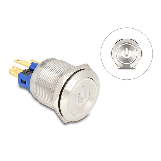 Delock Nyomógomb beszereléshez 22 mm 6 x forrasztási csatlakozó LED fehér bekapcsolási szimbólummal + gyűrű