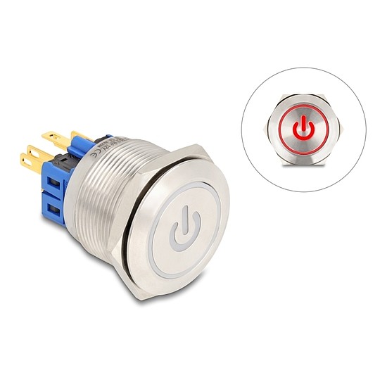 Delock Nyomógomb beszereléshez 25 mm 6 x forrasztási csatlakozó LED piros bekapcsolási szimbólummal + gyűrű