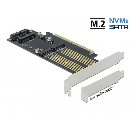 Delock PCI Express x16 Kártya - 1 x M.2 B-kulcs + 1 x NVMe M.2 M-kulcs + 1 x mSATA - alacsony profil (90486)