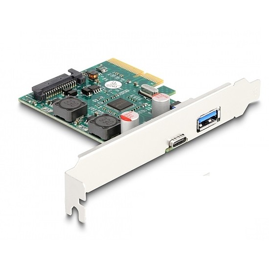 Delock PCI Express x4 Kártya - 1 x külső USB 10 Gbps Type-C anya + 1 x külső A-típusú USB 10 Gbps anya - alacsony profil