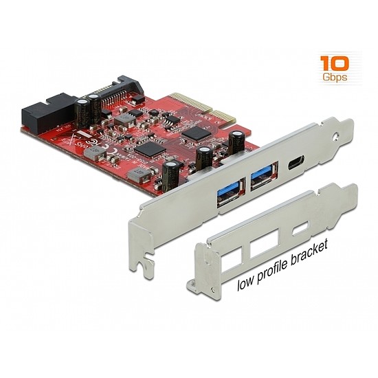 Delock PCI Express x4 Kártya - 1 x külső USB Type-C anya + 2 x külső A-típusú USB anya SuperSpeed U (90492)